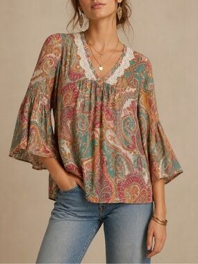 Spense Boho Blouse Top Paisley Multicolor Bohemian V-Neck Bell Flutter Sleeve XL